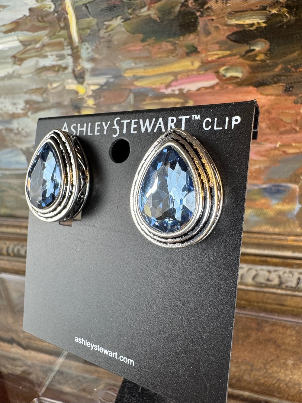 0693-Ashley Stewart Silver-Tone Blue Teardrop Clip-on Earrings